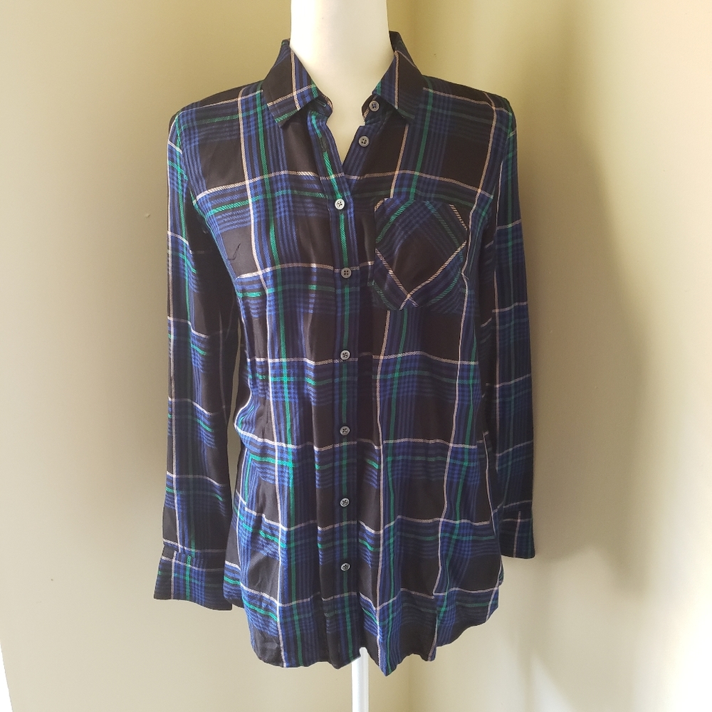 Talbots NWOT blue green black plaid button down